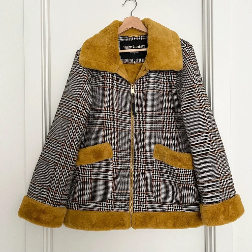 Juicy Couture Black Label Women's Houndstooth Coat Fur Size M Black White Y2K - Picture 1 of 6